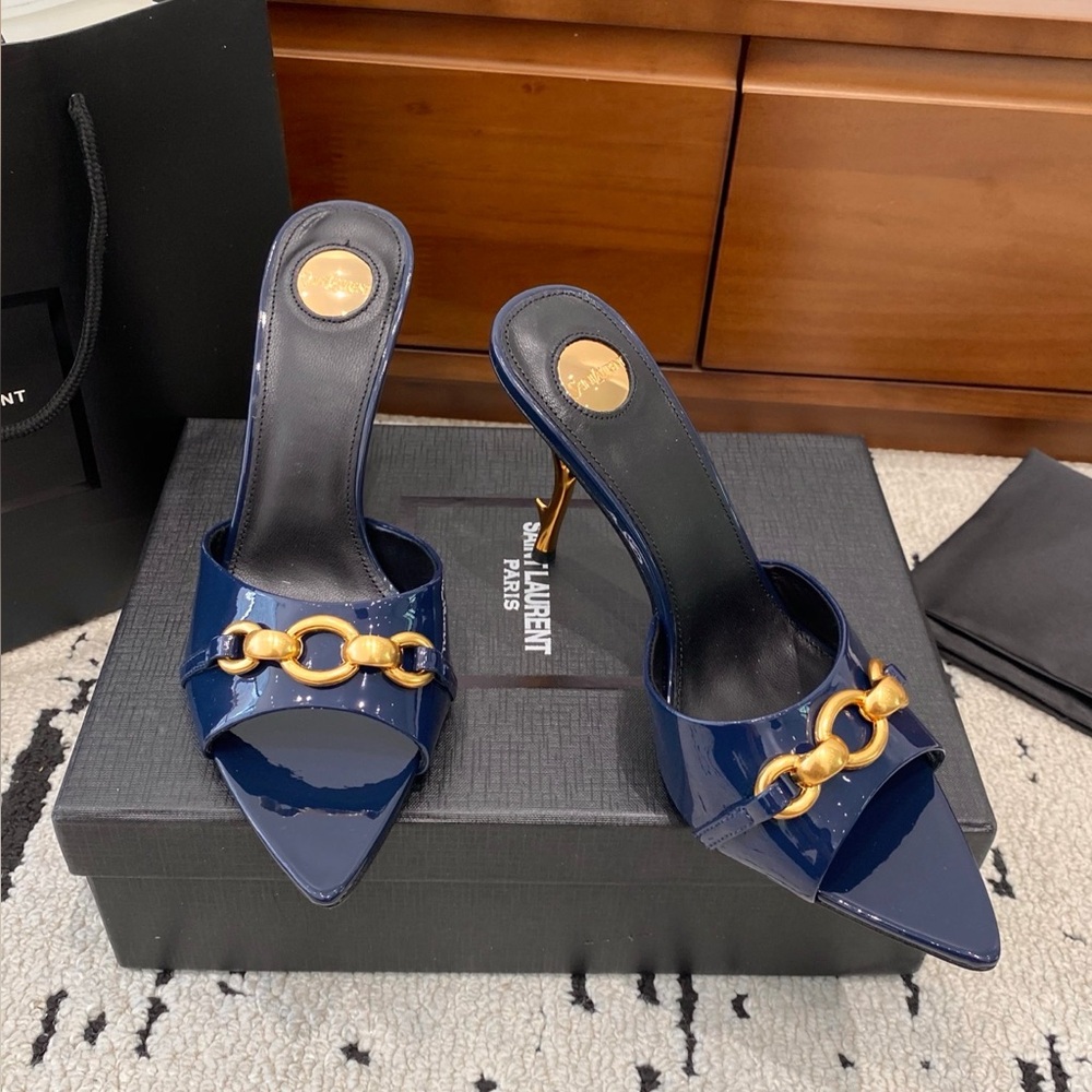 Saint Laurent Navy Patent Leather Mules with Gold Chain